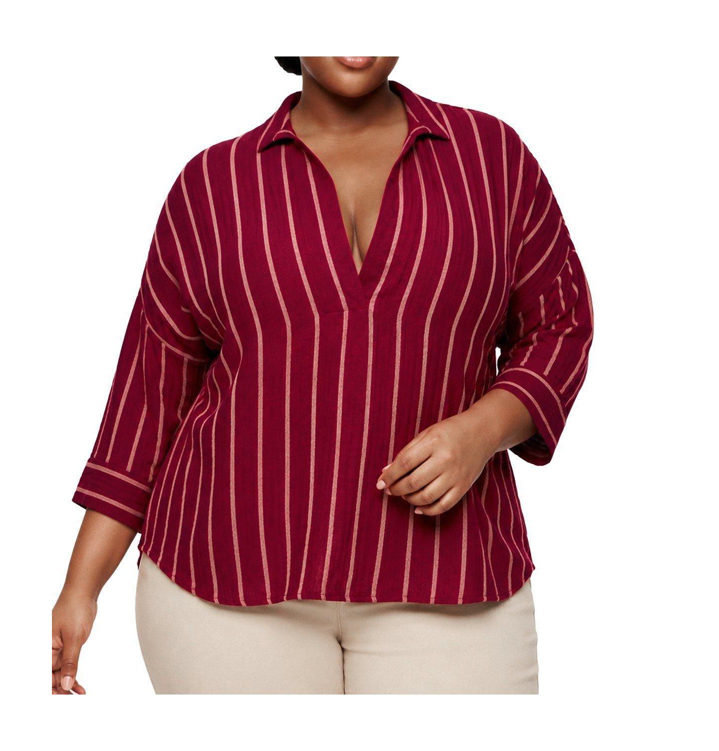 Женский топ Torrid Plus Size Belle Isle Cotton Linen Popover Tunic, цвет: Полосатый бордовый — фото 1