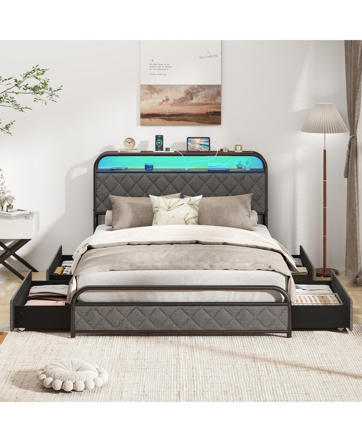 Slickblue Modern Platform Bed Frame with Led Lighting and Power Outlet