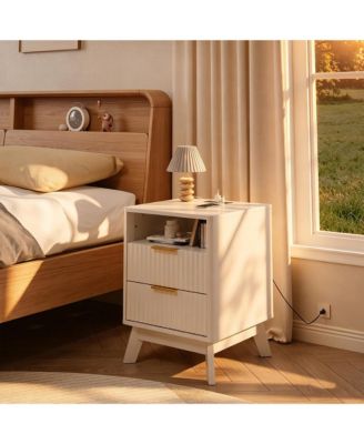 18" Modern Fluted Nightstand with Charging Station, Curved Profile Side Table with 2 Drawers, Multi-Functional End Table for Bedroom