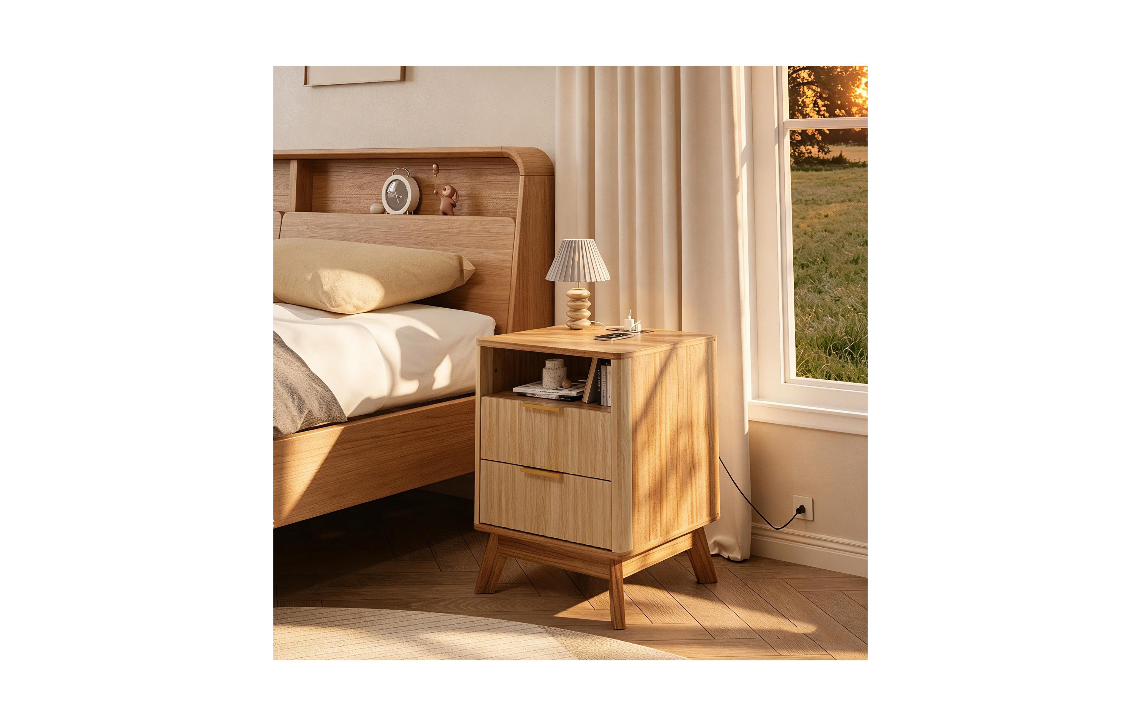 gaomon 18" Modern Fluted Nightstand with Charging Station, Curved Profile Side Table 2 Drawers, Multi-Functional End for Bedroom