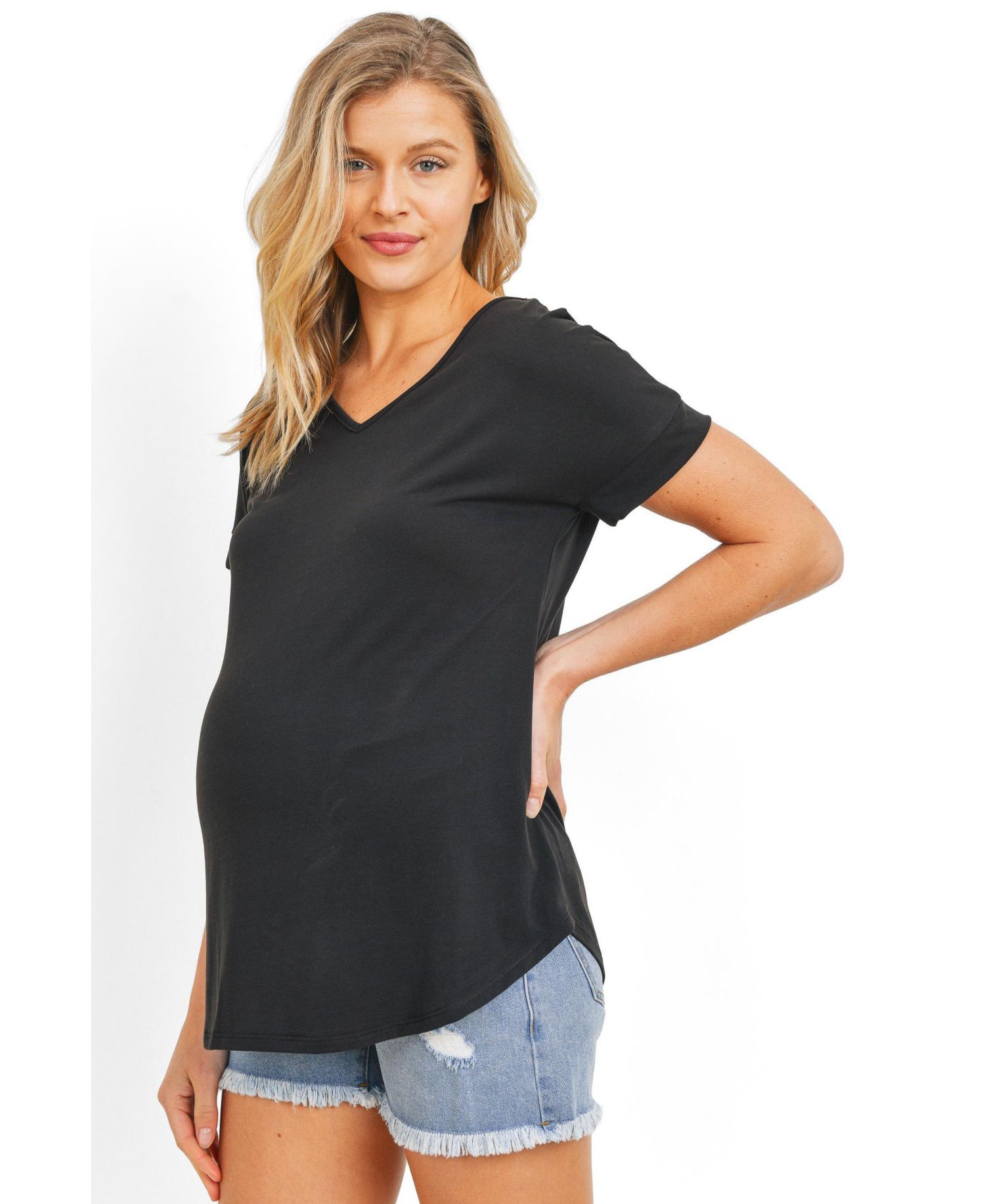 Maternity Short Sleeve V Neck Top with Back Strap Detail
