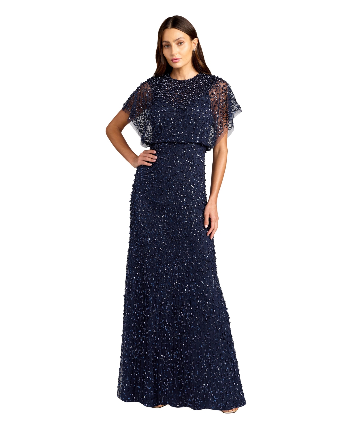 Mac Duggal Petite High Neck Short Sleeve Embellished Gown - Midnight