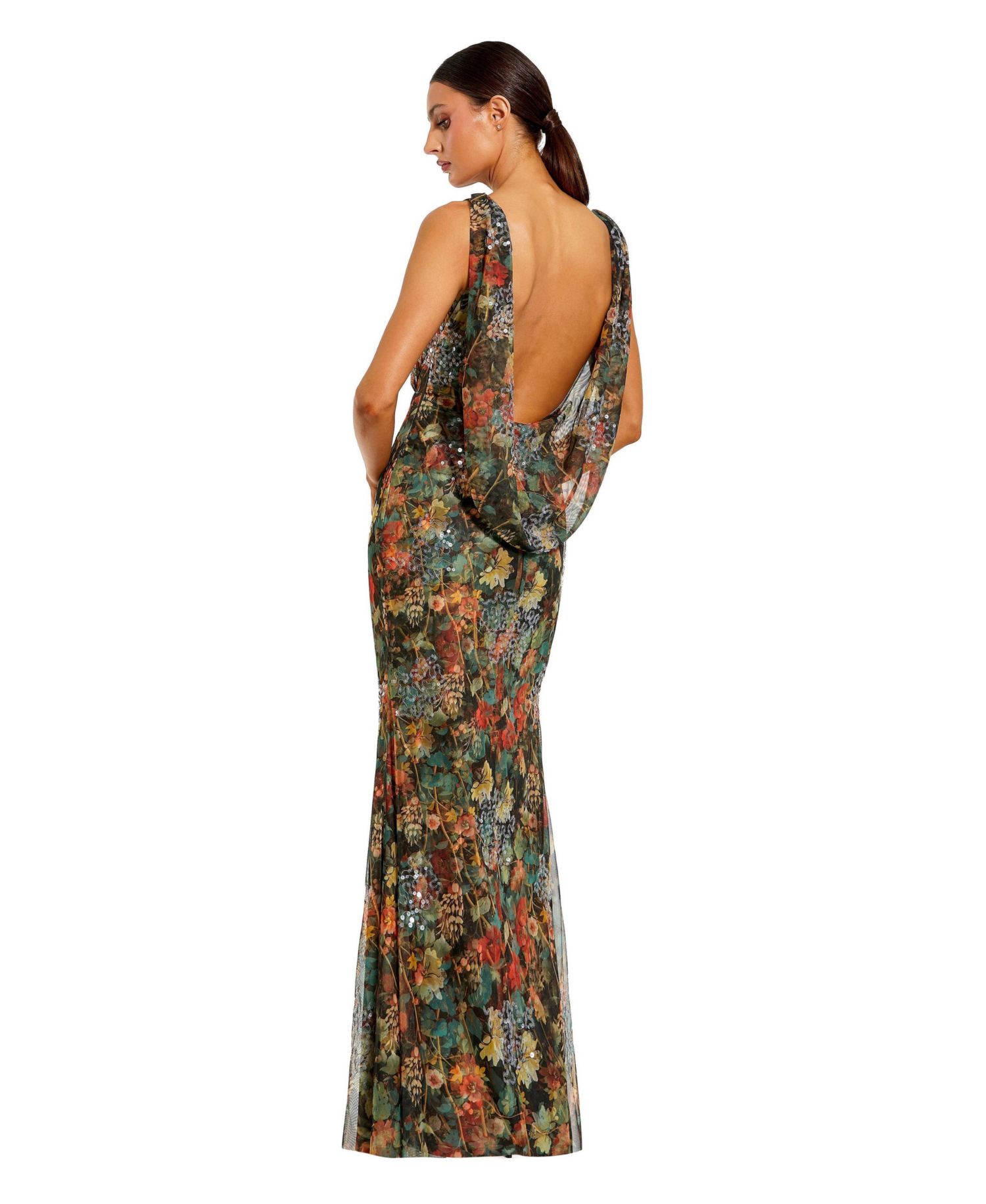 Women's Sequin Floral Ruched Draped-Back Gown