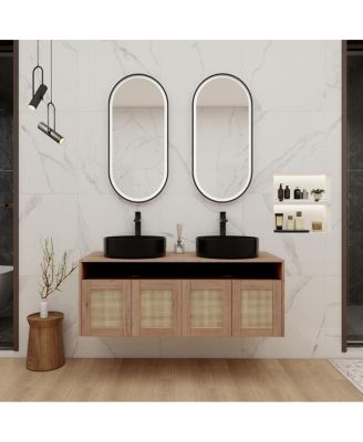 Wall Mounted Double Bathroom Vanity, Modern Plywood Cabinet with Dual Vessel Ceramic Sinks, Open Storage Shelf