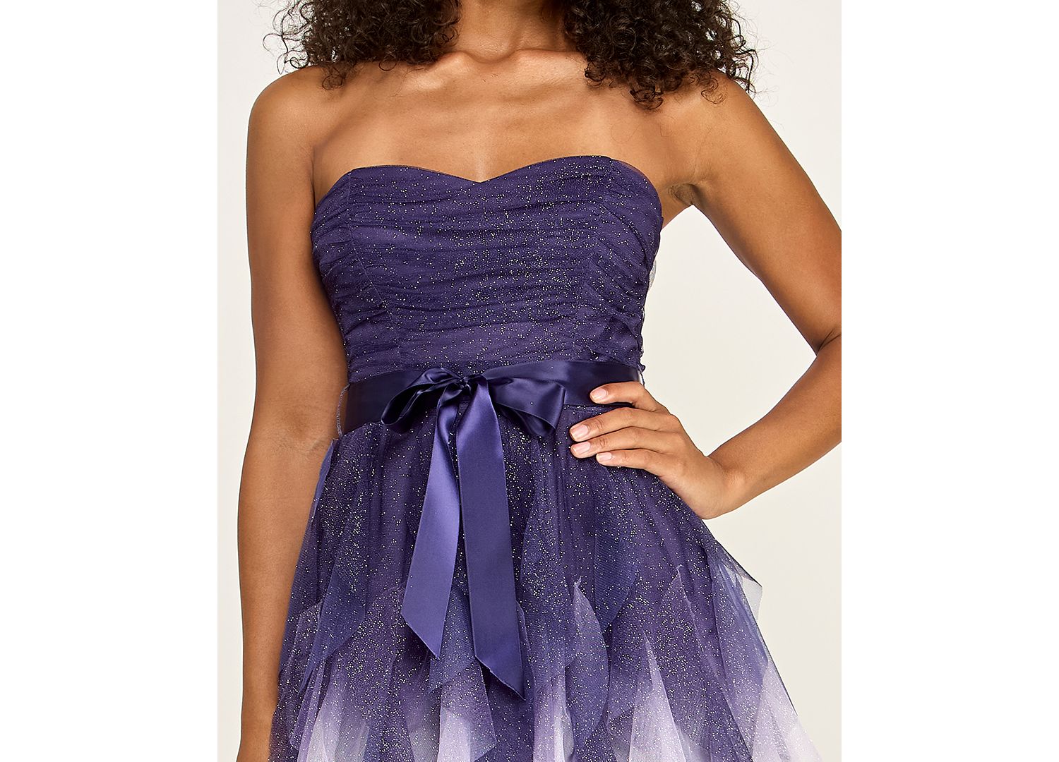 Juniors' Ombre Glitter Ruffled Petal Dress with Ribbon