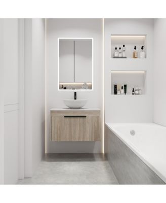 Wall Mounted Bathroom Vanity with Ceramic Vessel Sink, Stone Top, Soft Close Doors, Modern Handle Design