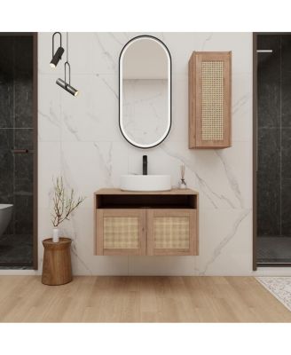 Wall Mounted Bathroom Vanity Set, Modern Plywood Cabinet with Vessel Sink, Rotating Rattan Side Storage