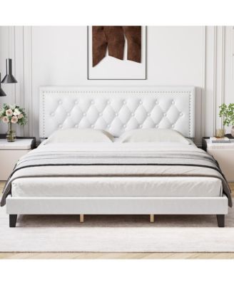 Modern Bed Frame with Leather Headboard, Exquisite Diamond and Rivet Detailing, Wood Slats Support, Easy Assembly, Noise-Free