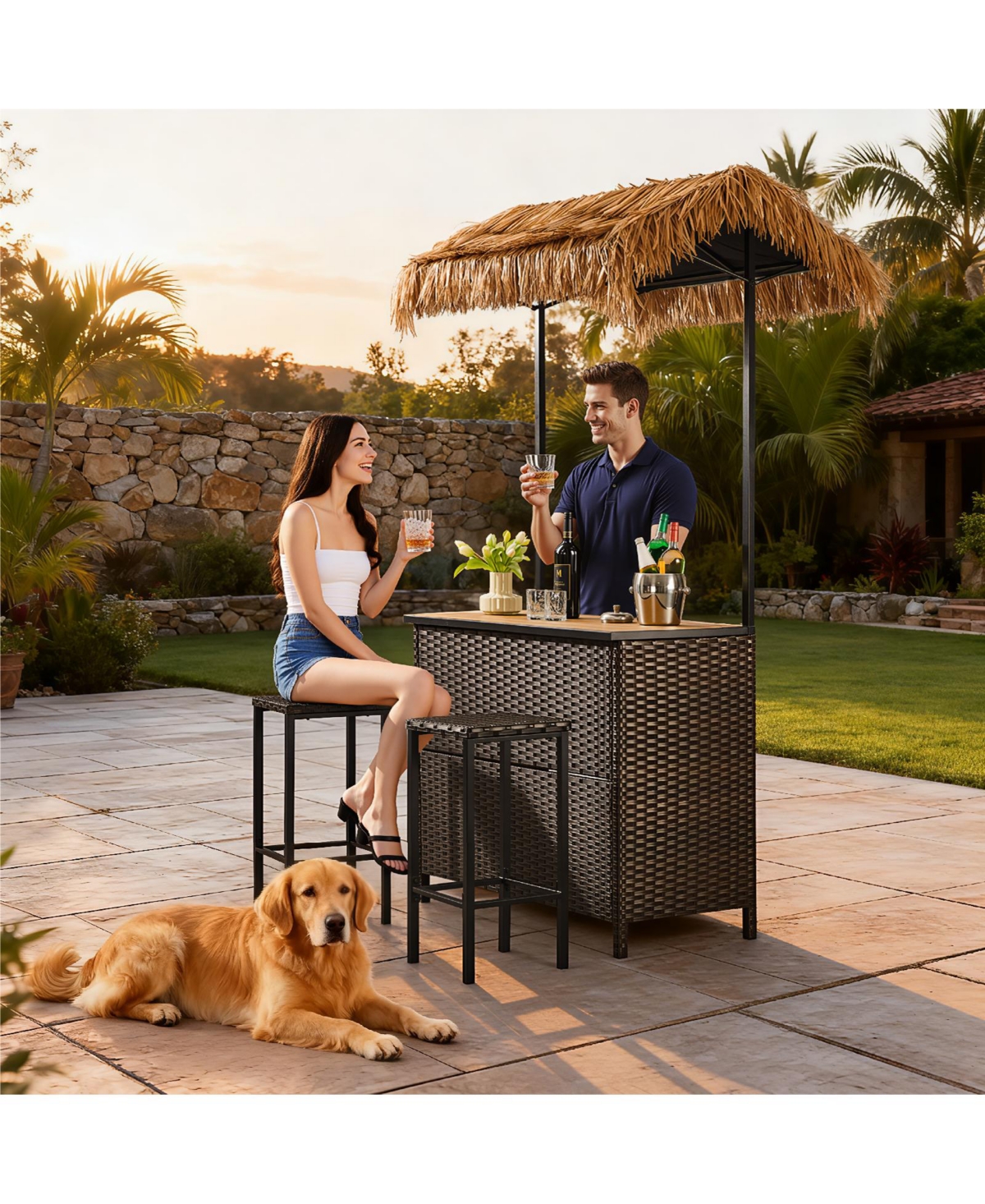 Pocassy 3-Piece Outdoor Tiki Bar Set with Palapa Top, Wicker Islander Tiki Bar and 2 Wicker Stools for Garden