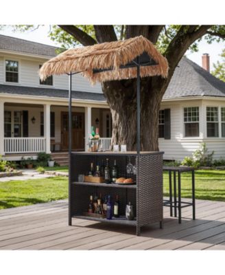 3-Piece Outdoor Tiki Bar Set with Palapa Top, Wicker Islander Tiki Bar and 2 Wicker Stools for Garden