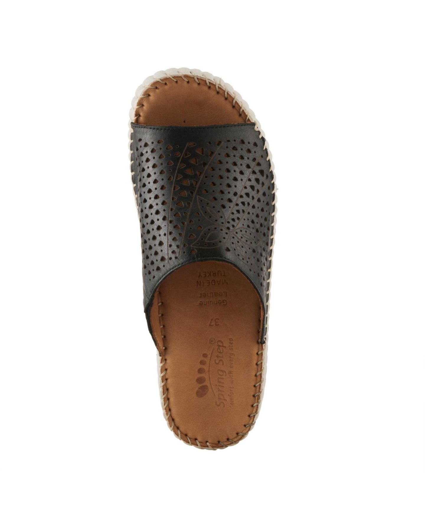 Женские сандалии Spring Step Rhydian Slip-On Leather Wedge Sandals Perforated Flower Design, Cushioned Footbed., цвет: Чёрный — фото 3