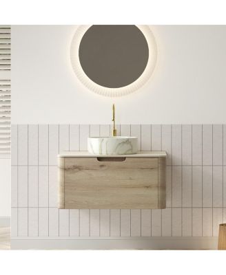 Wall Mounted Bathroom Vanity with Ceramic Round Basin, Sintered Stone Top, Soft Close Drawer, Available in 24 30 36 Inch, Pre-assembled