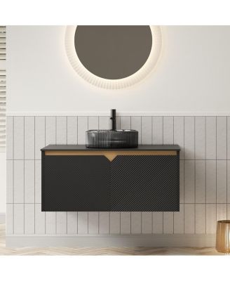 Wall Mounted Bathroom Vanity with Glass Basin, Sintered Stone Top, Soft Close Door, Modern Pre-Assembled Cabinet