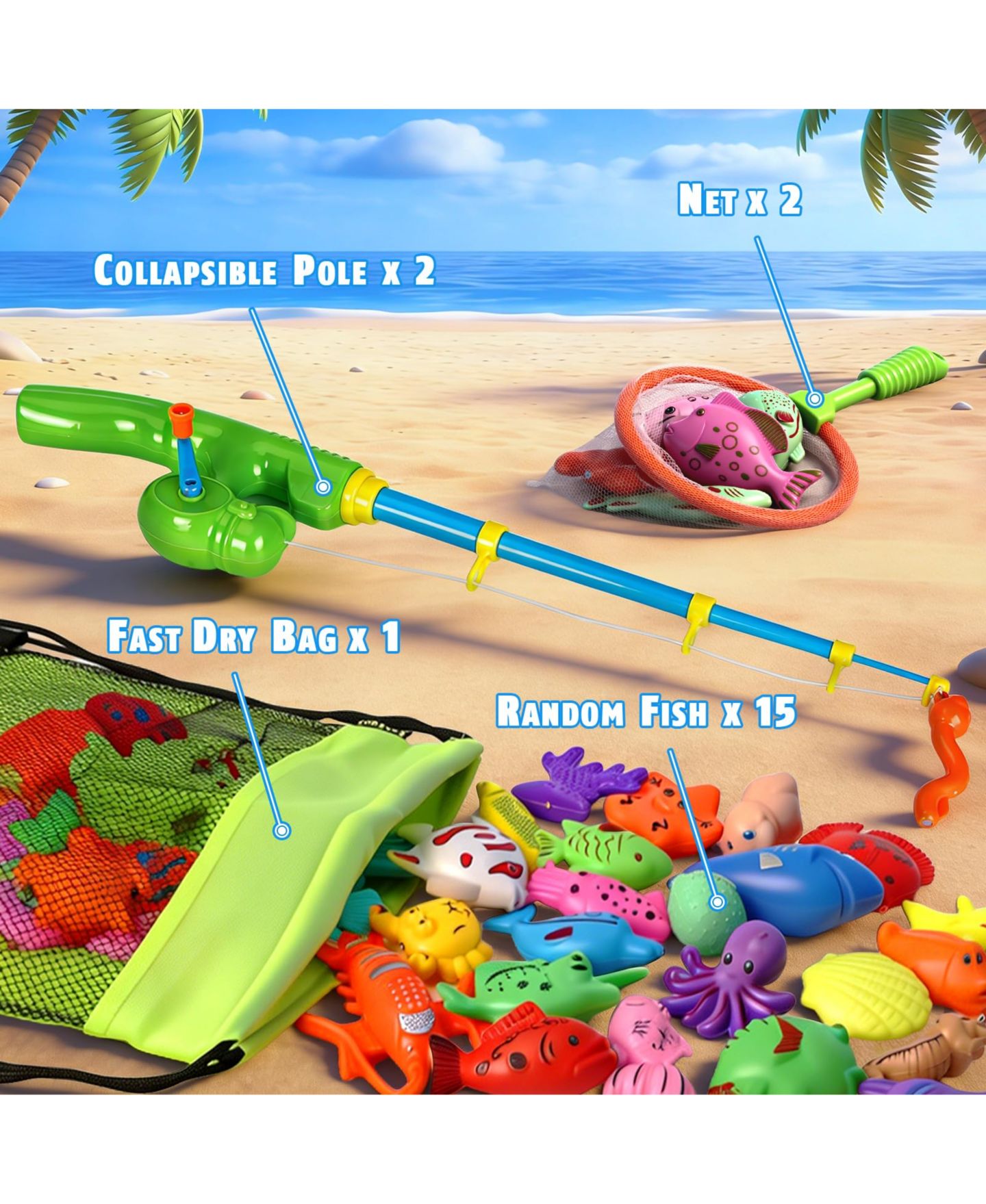 Детские игрушки GNUADZ 15 Fishes Magnetic Fishing Game Water Toy Set, Ages 3+, цвет: Разноцветный — фото 2