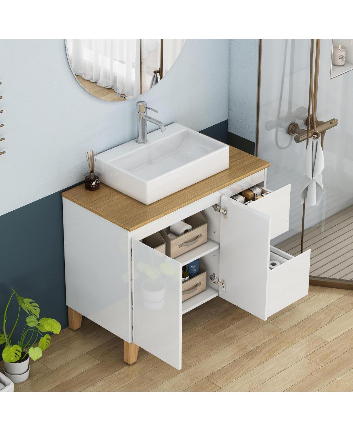 Sillysis Bathroom Vanity with Solid Wood Top, Square Ceramic Sink