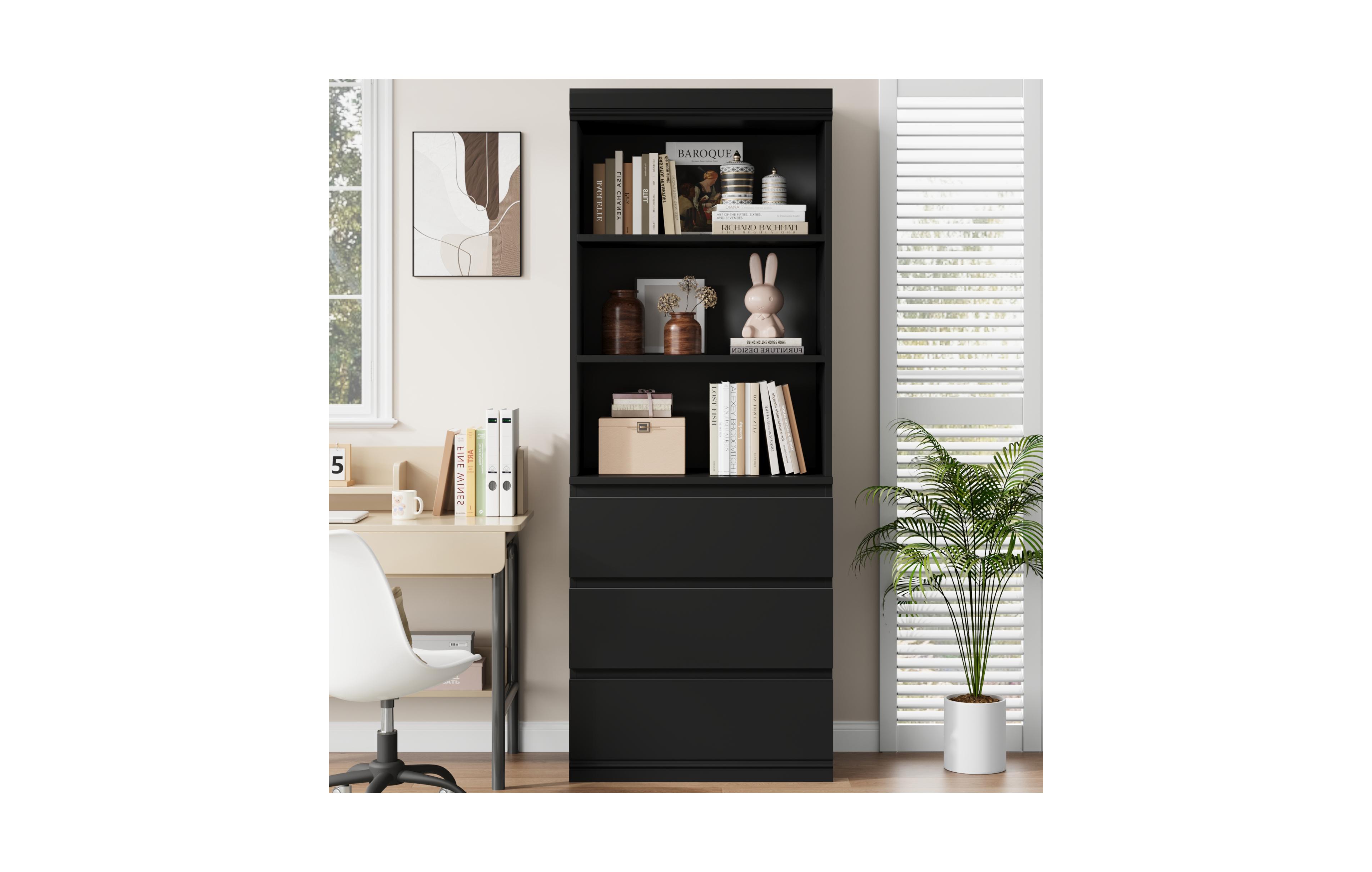 homfan 70 Inch Tall Bookcase with 3 Drawers and 3 Open Shelves, Modern Storage