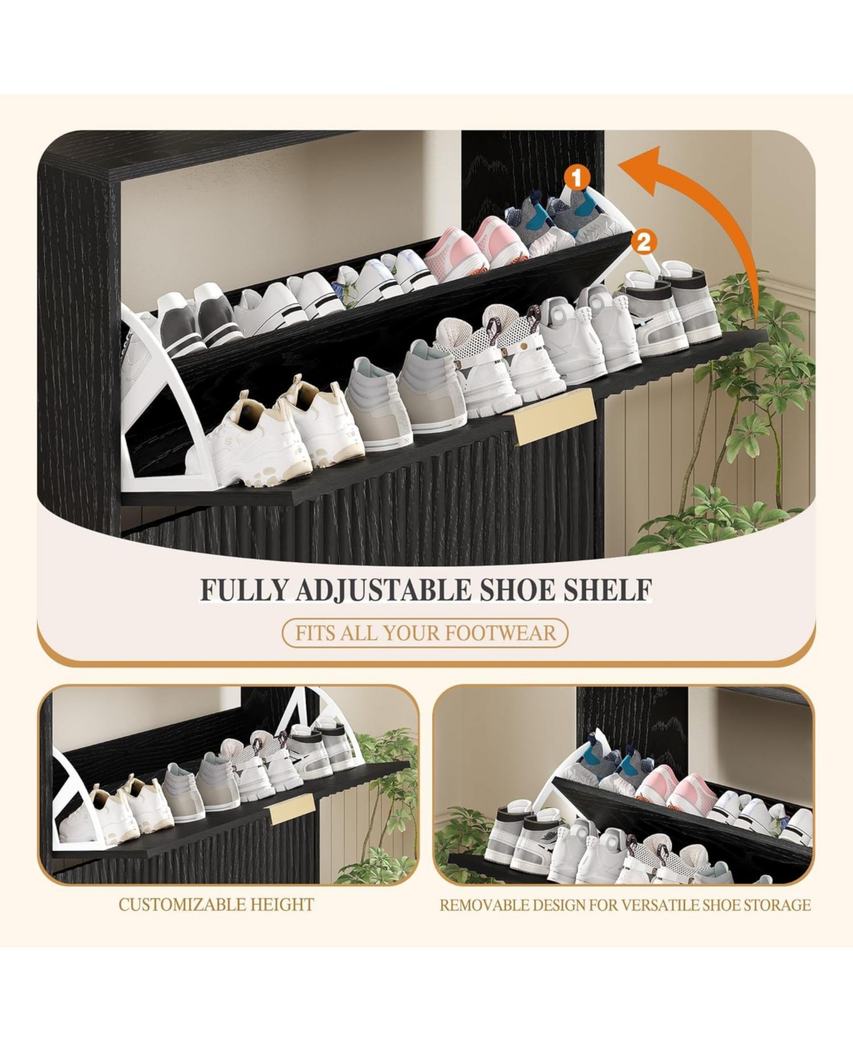 homfan Fluted Shoe Cabinet for Entryway with 2 Flip Drawers, Narrow Shoe Rack with Open Storage and Adjustable Shelf, 29.9"W x 9.4"D x 40"H