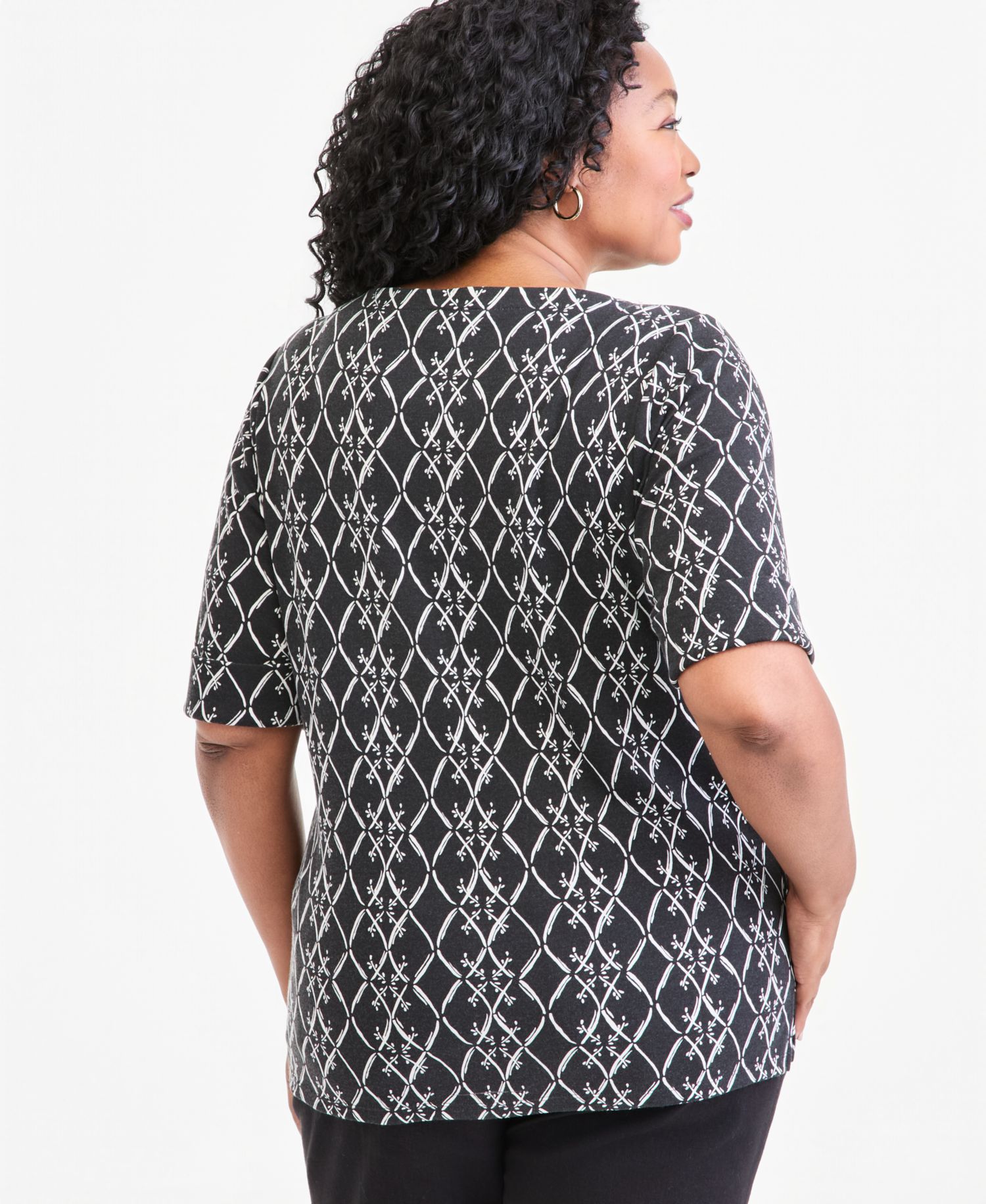 Plus Size Printed Boat-Neck Elbow Sleeve Top