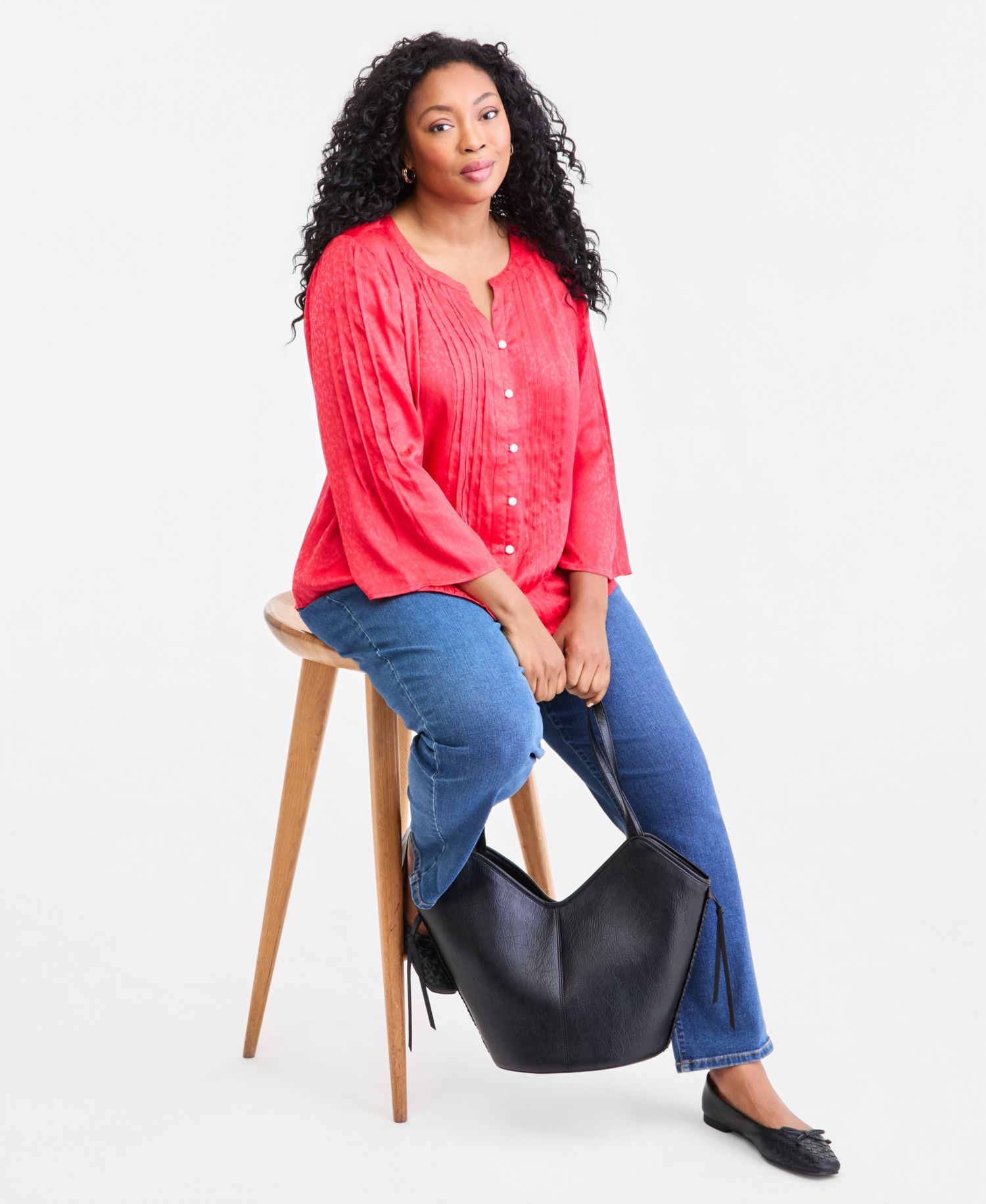 Petite Satin Bell-Sleeve Pintuck Blouse
