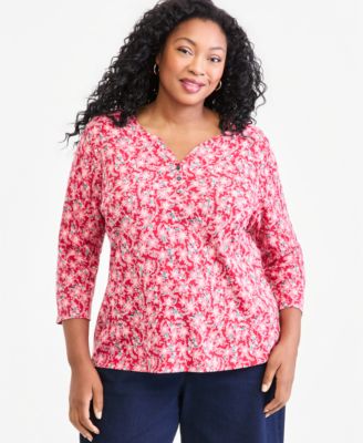 Plus Printed 3/4-Sleeve Henley Top