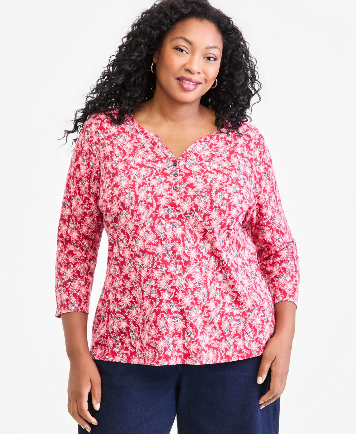 Petite Printed 3/4-Sleeve Henley Top