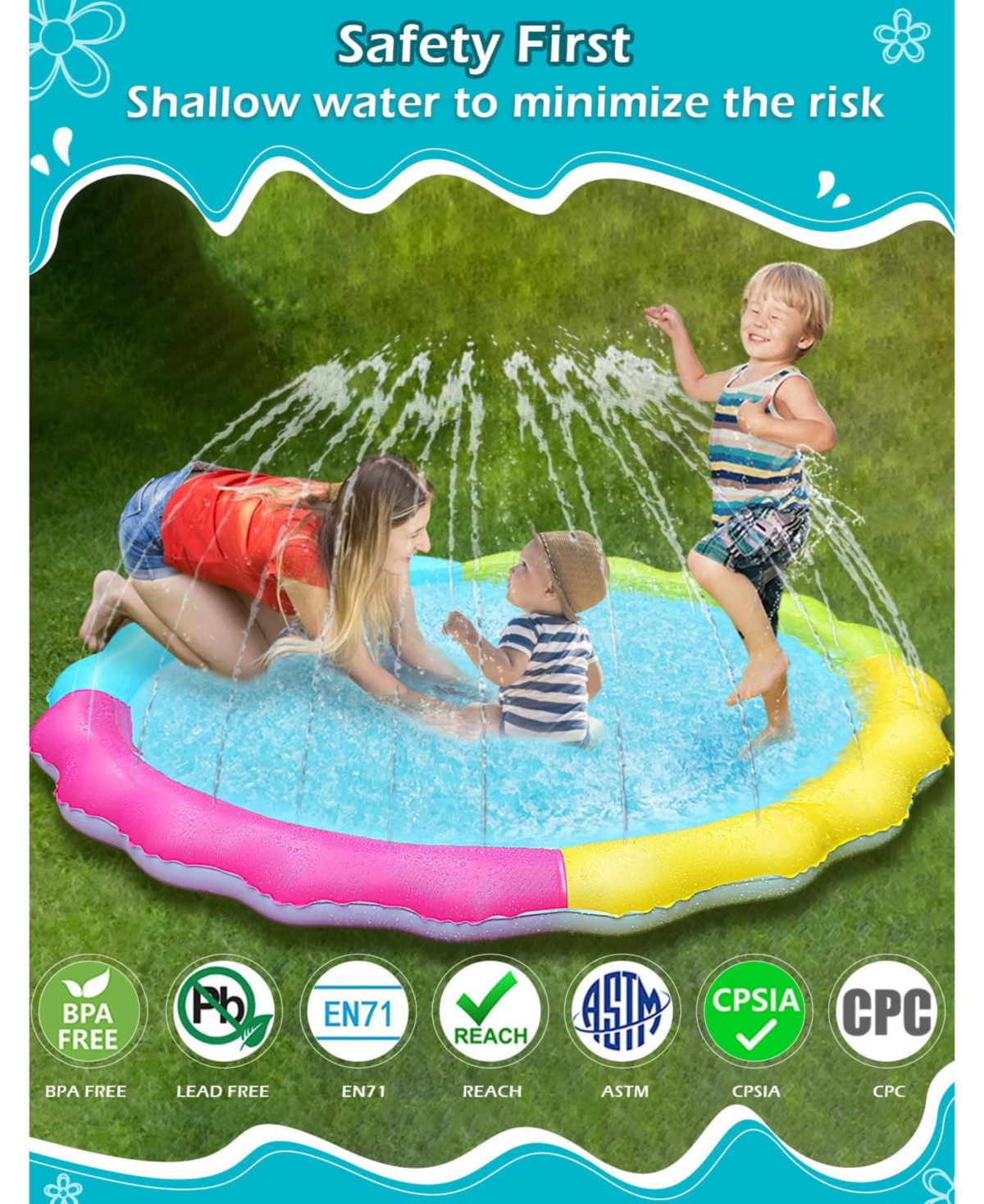Aofar 59" Splash Pad Sprinkler Play Mat Outdoor Inflatable Pool Nonslip