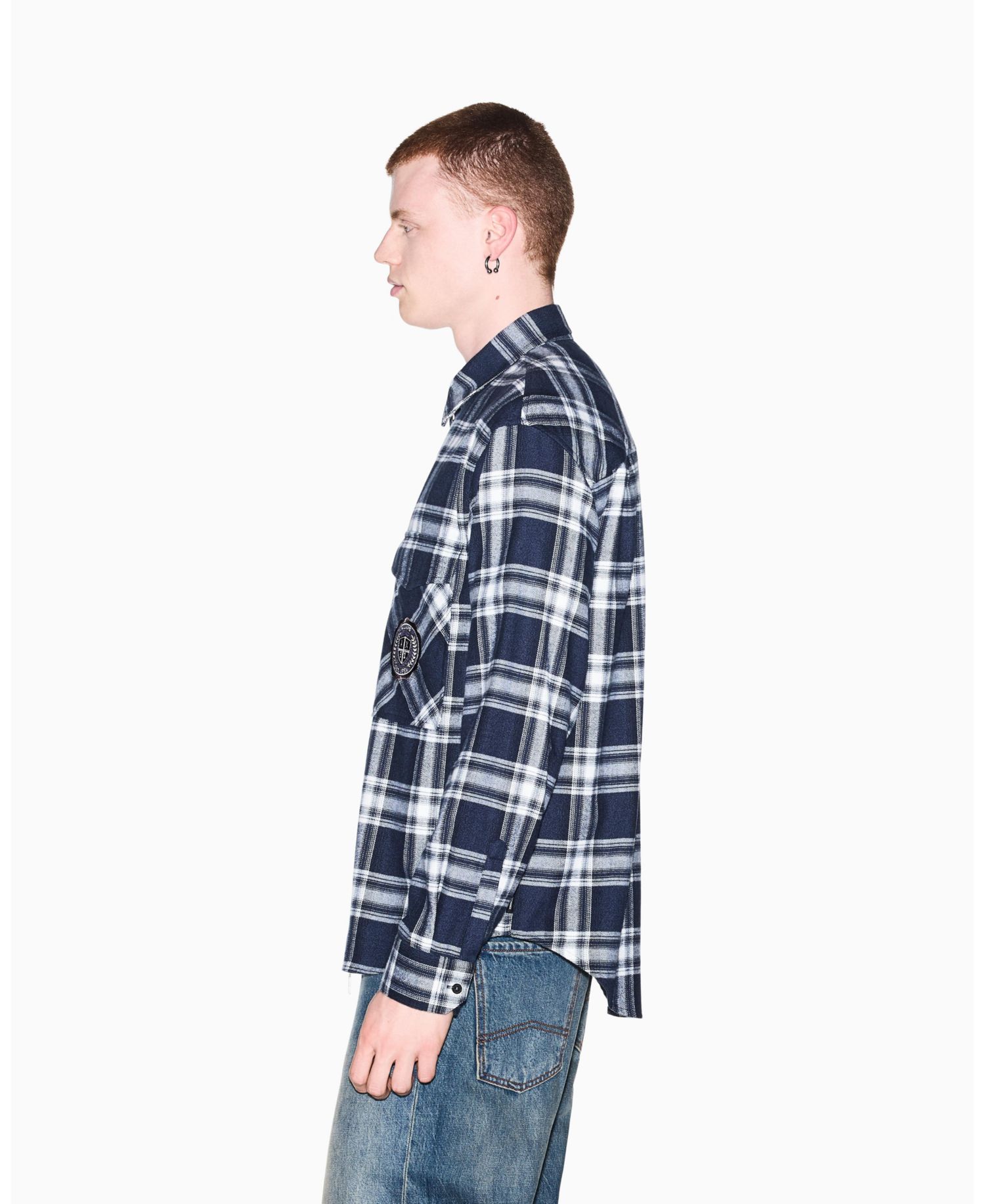 Men's Crossover Plaid Cotton Shirt with Back Graphic