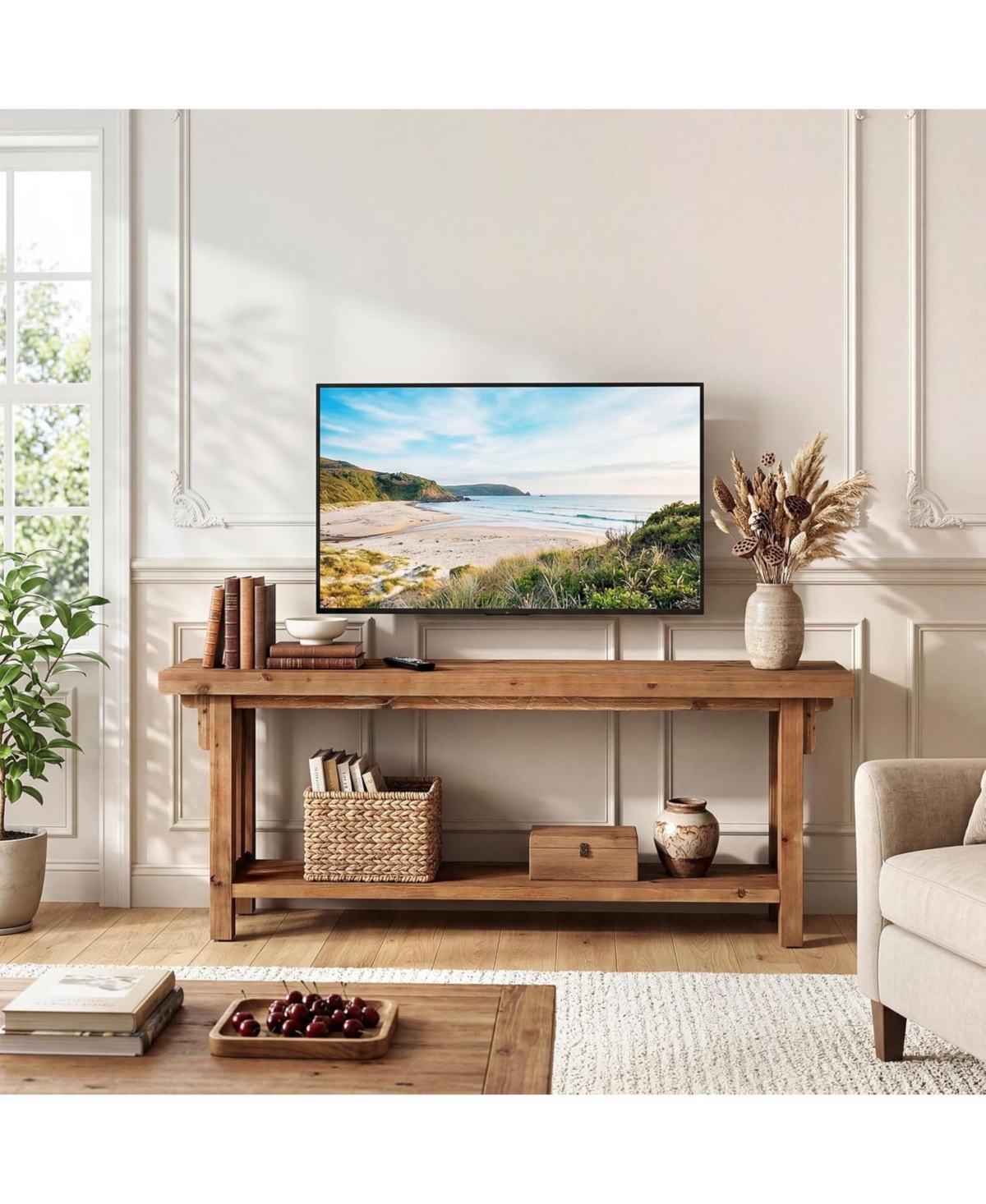 Tribesigns Solid Wood Tv Stand TVs, Farmhouse Entertainment Center with Storage Shelf, Wooden Media Console Television Stand