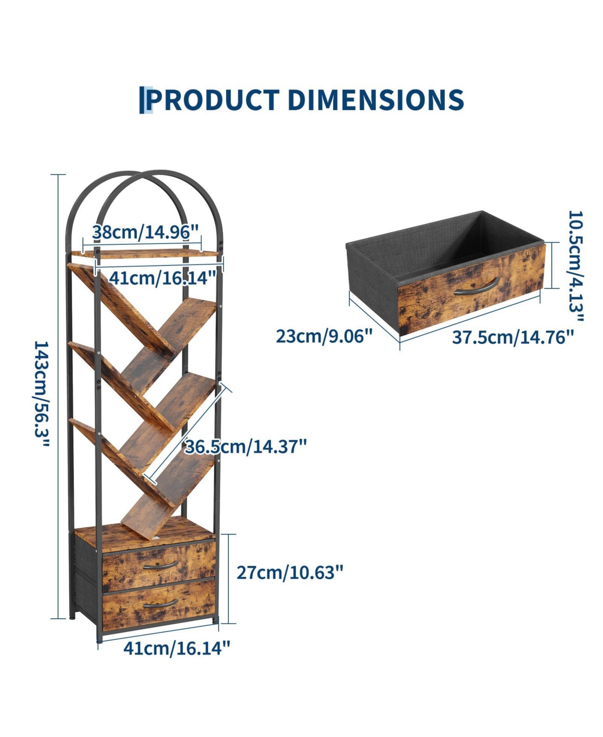 Gaomon Tree Bookshelf with 2 Fabric Drawers, 6-Tier Tall Narrow Bookcase for Small Spaces, Industrial Book Shelf Organizer for Bedroom Living Room