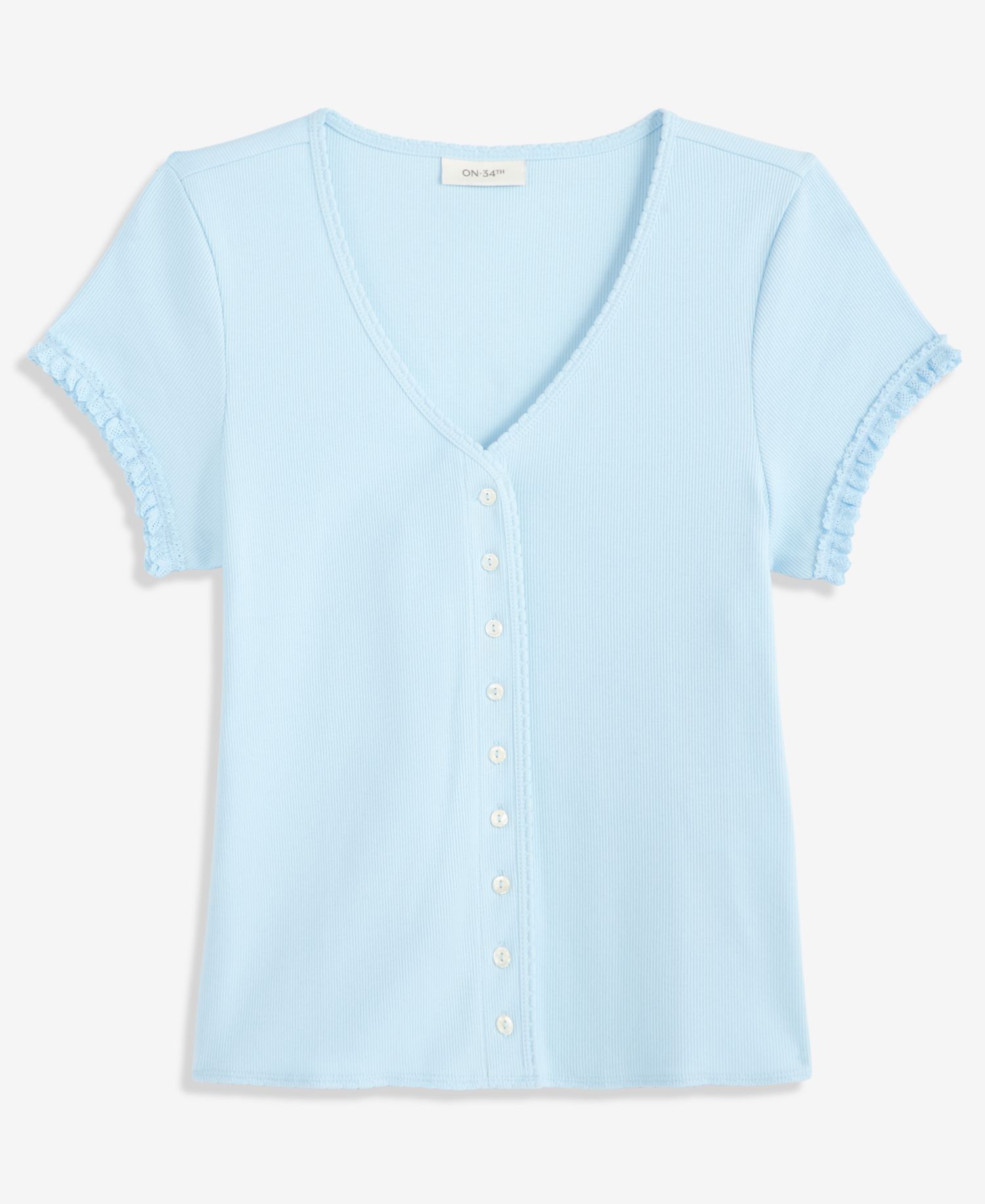 Women's Ruffle-Trim Button-Front Short-Sleeve Ribbed Top