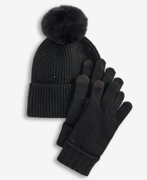 Женские комплекты I.N.C. International Concepts Sequin Beanie and Touch Glove Gift Set, цвет: Чёрный
