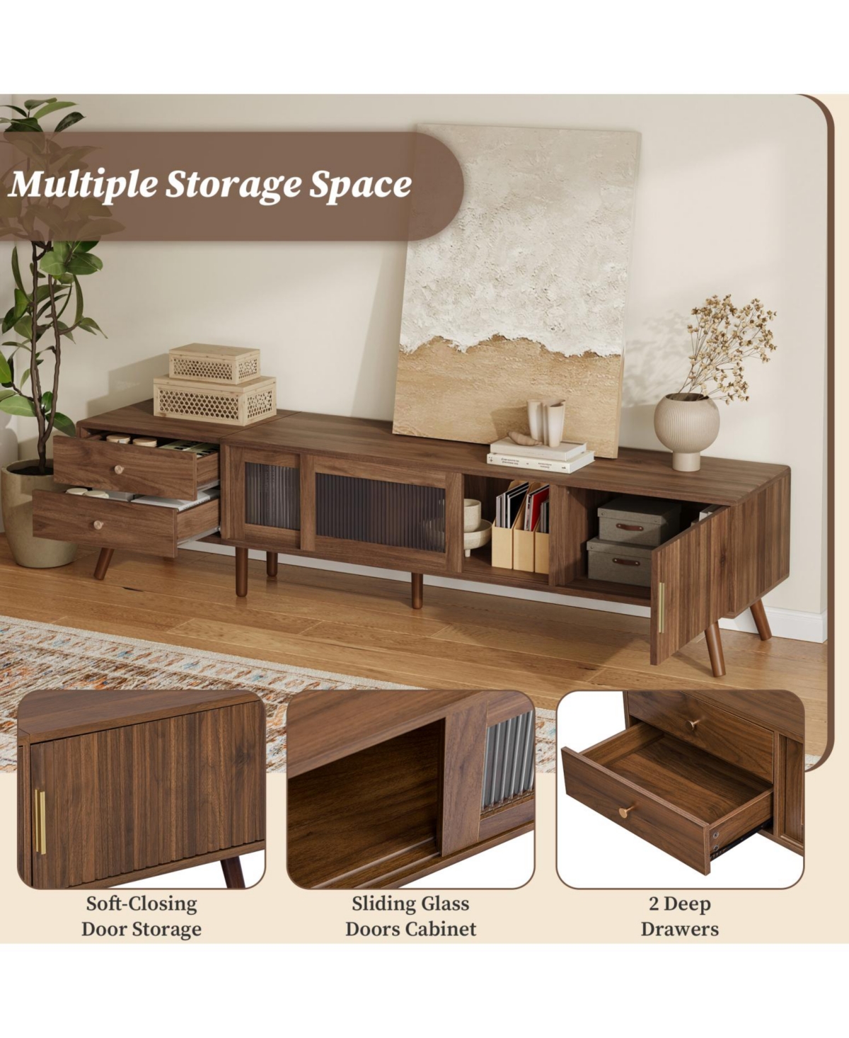 Rainsken Mid-Century Modern Tv Stand, 76" Media Console, for 60-85 inches Tv, Entertainment Center with Storage, for Bedroom Living Room