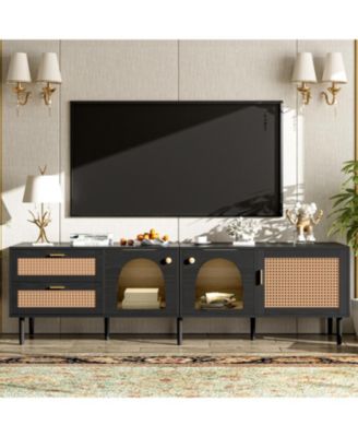 71'' LED Rattan TV Stand, with 3 Cabinets and 2 Drawers, for TVs up to 80'', Rattan-inspired Media Console Table, for Living room, Bedroom