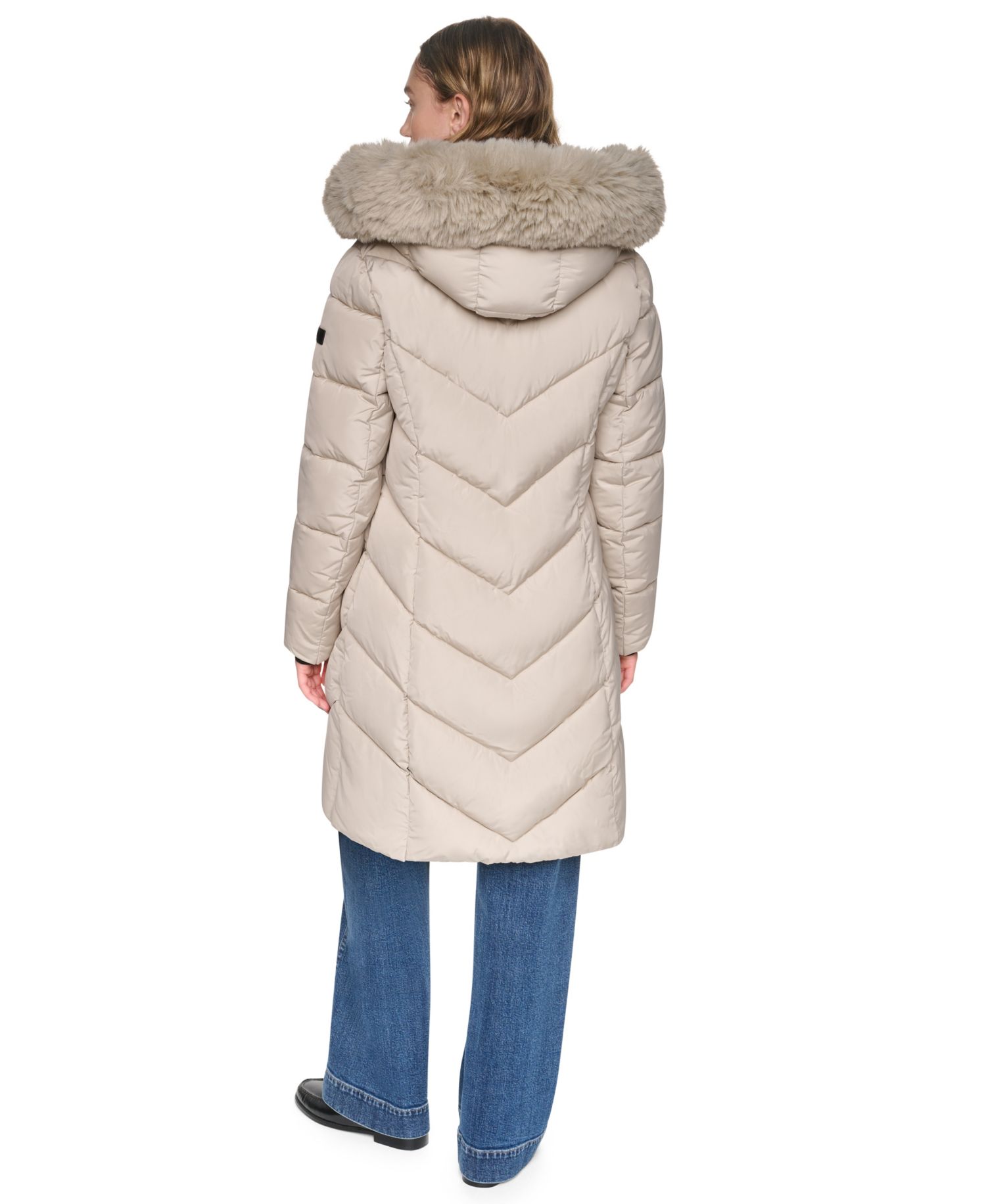 Women's Walker Length Puffer with Faux Fur Trimmed Hood Coat