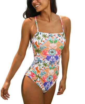 Women's Square Neck Ruched Pull-On Adjustable Strap One-Piece Swimsuit