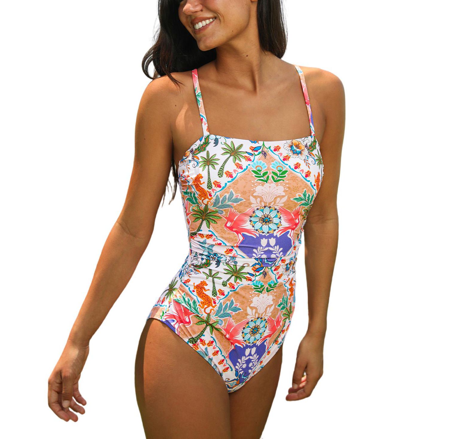 Women's Square Neck Ruched Pull-On Adjustable Strap One-Piece Swimsuit