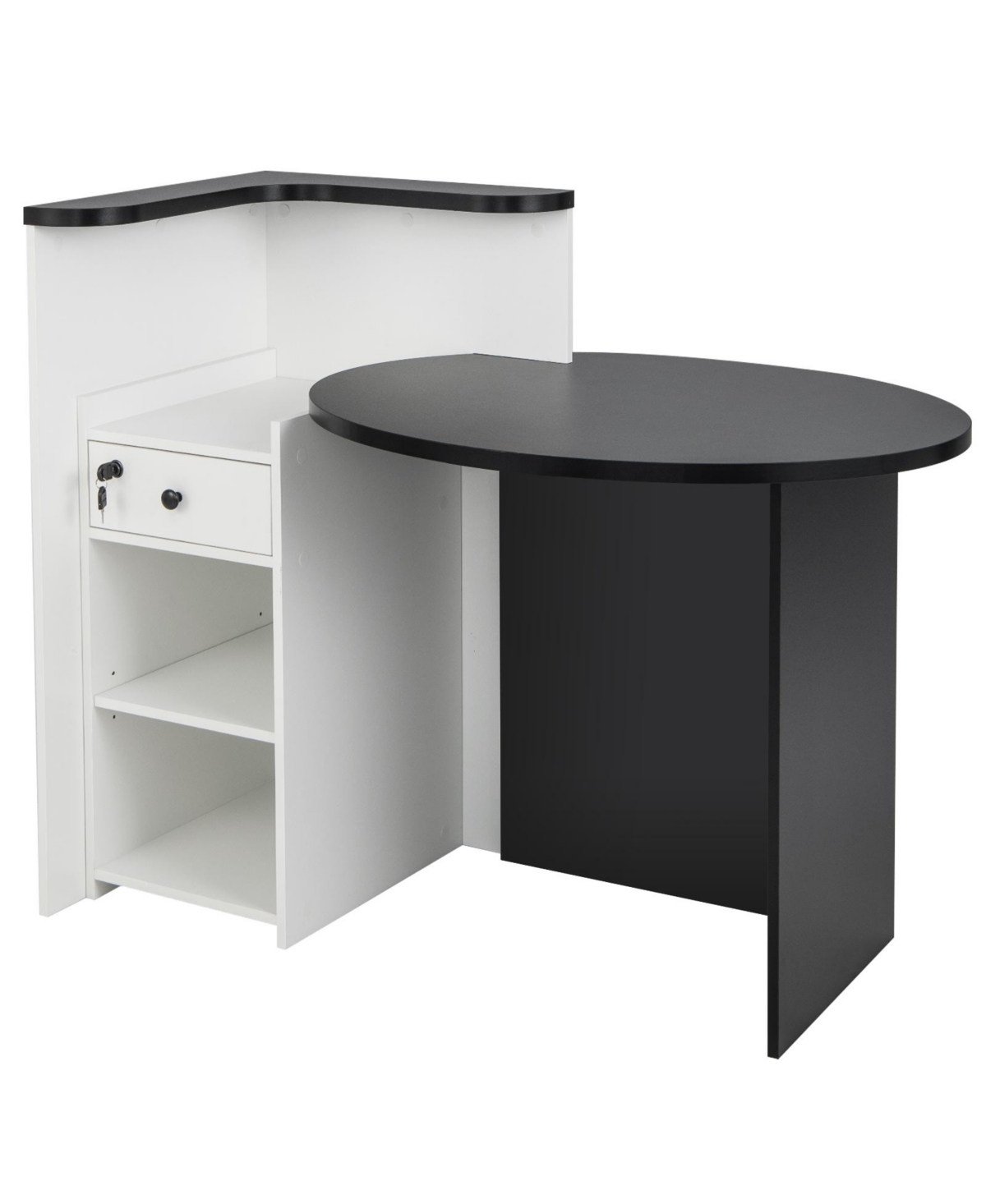 Gouun Oval-Top Reception Desk with Lockable Drawer and 3-Position Open Shelf, 48 x 27.5 in