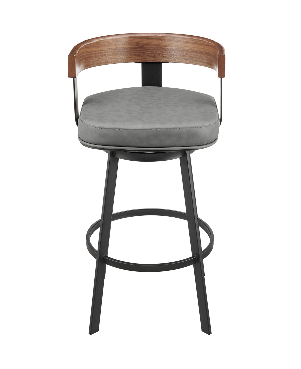 Idris 26in Swivel Counter Stool in Black Iron with Walnut Finish and Vintage Gray Faux Leather