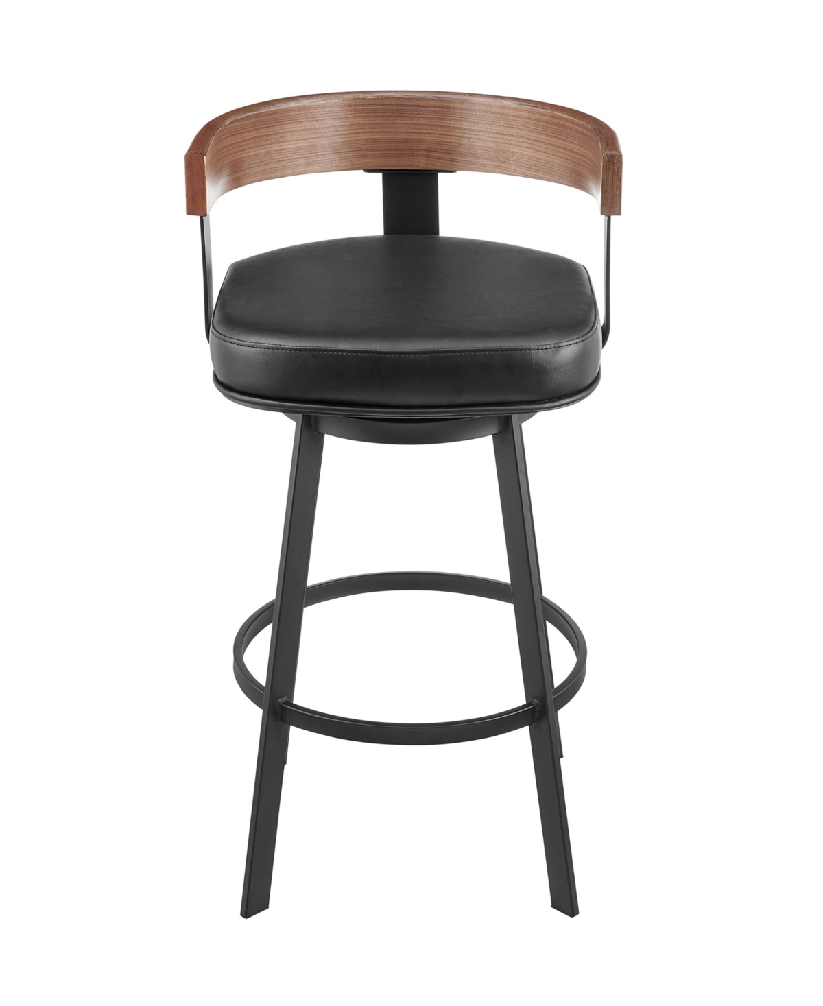 Idris 26in Swivel Counter Stool in Black Iron with Walnut Finish and Vintage Black Faux Leather