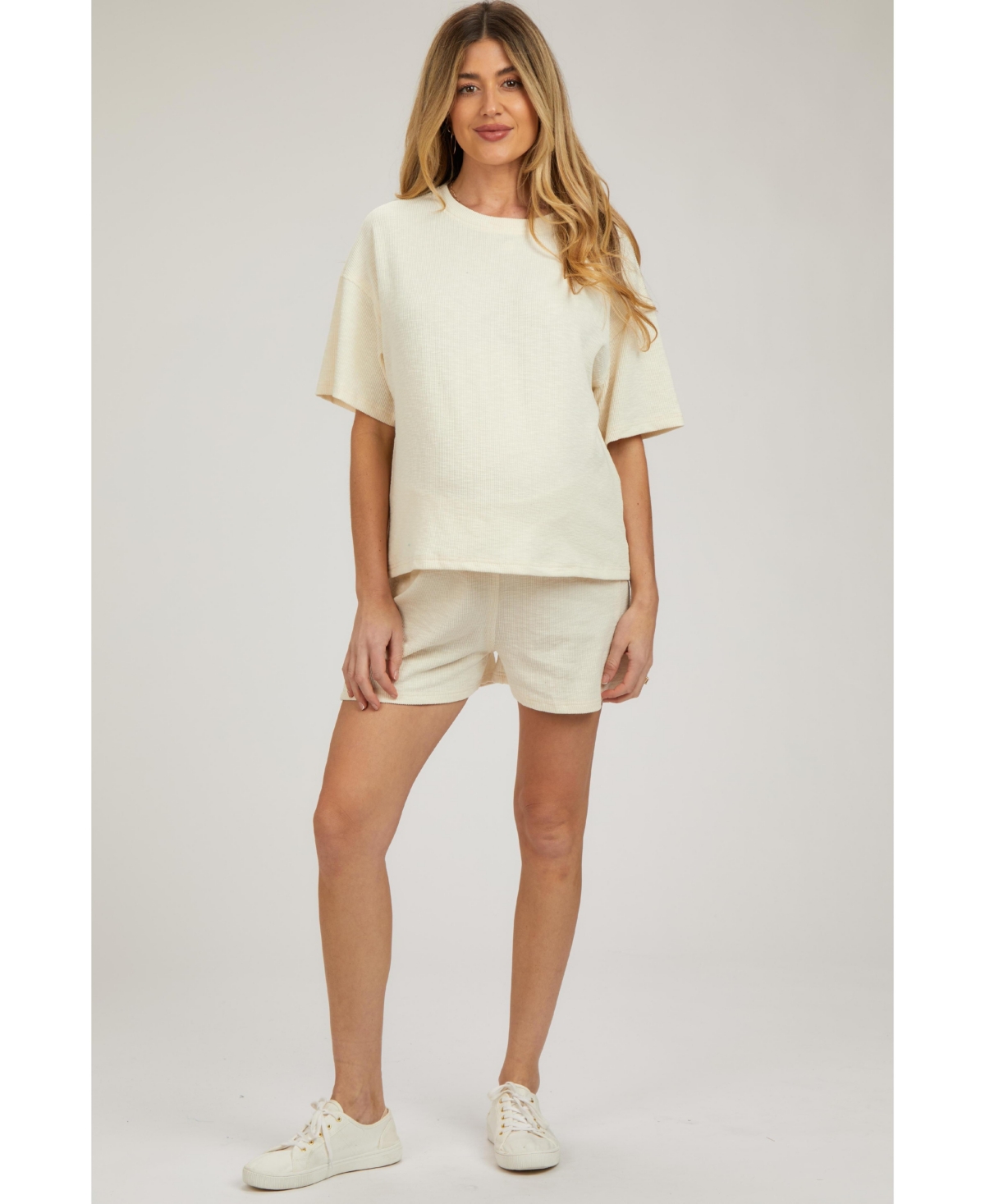 Pinkblush Maternity Cream Ribbed Short Sleeve Set