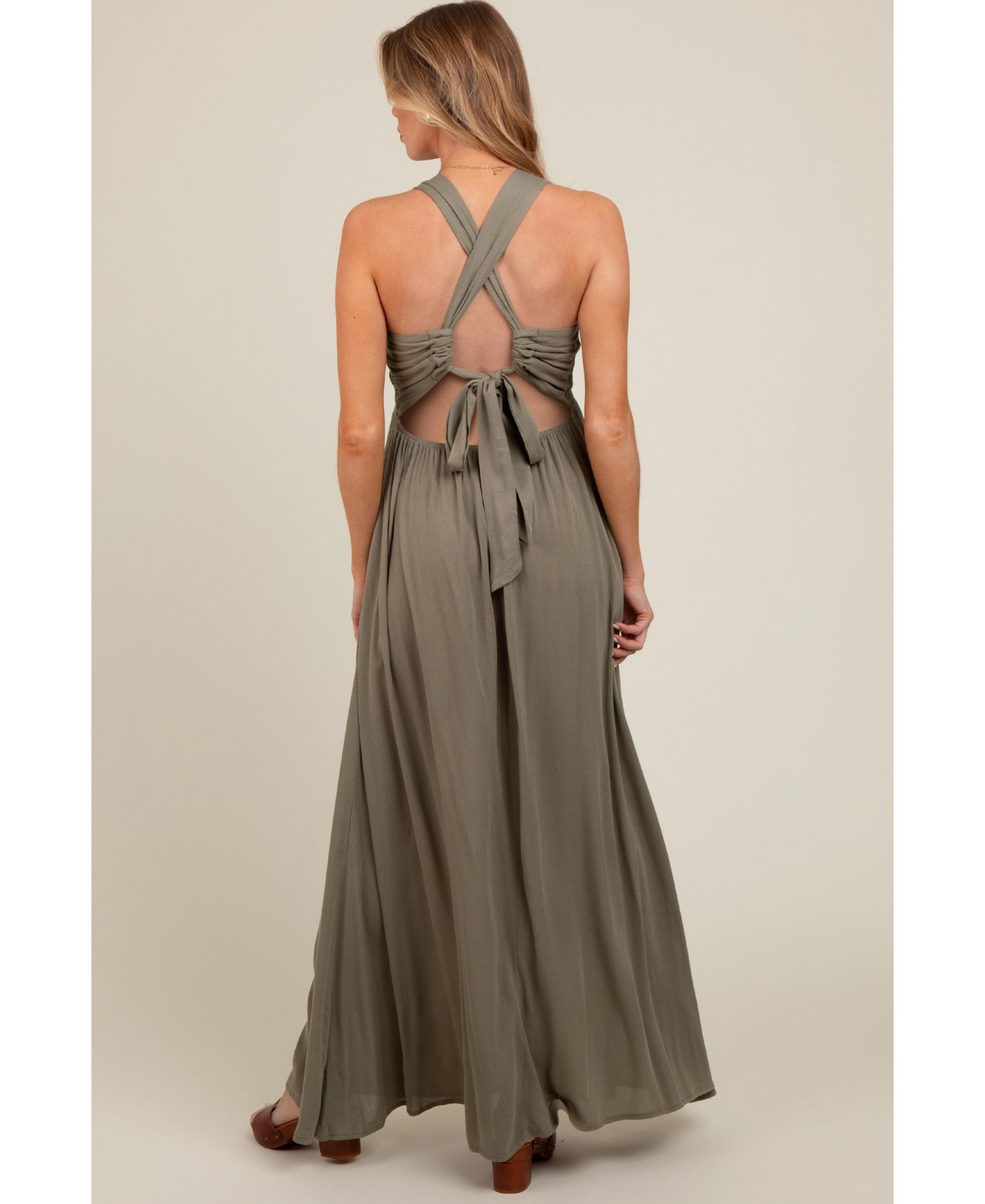 Women's Olive Deep V-Neck Cross Back Maxi Dress