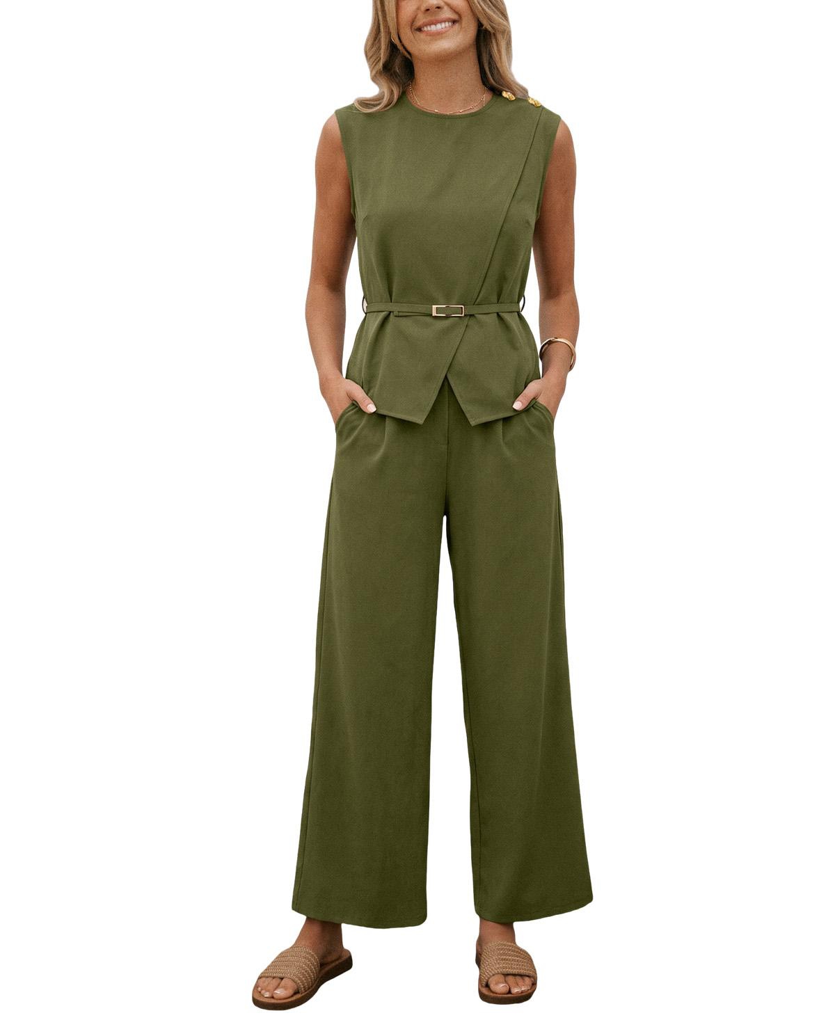 Cupshe Women's Elegant Crew Neck Belted Top and Wide Leg Pants Two-Piece Set