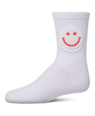 Girls' Fuzzy Smiley Face Crew Socks