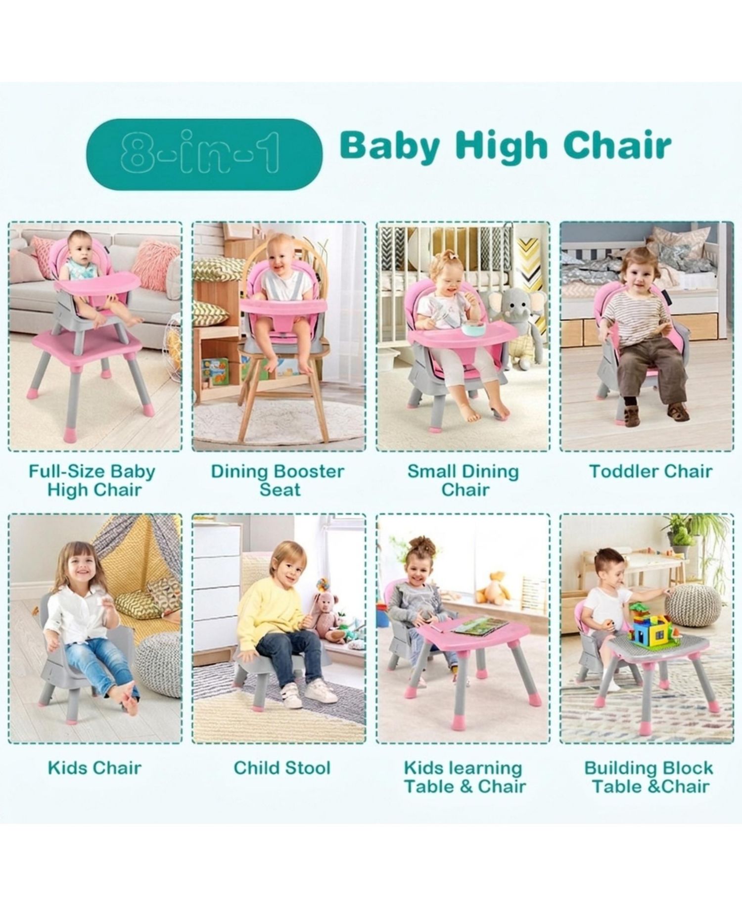 Toddler 6 in 1 Convertible High Chair with Adjustable Removable Tray and Booster