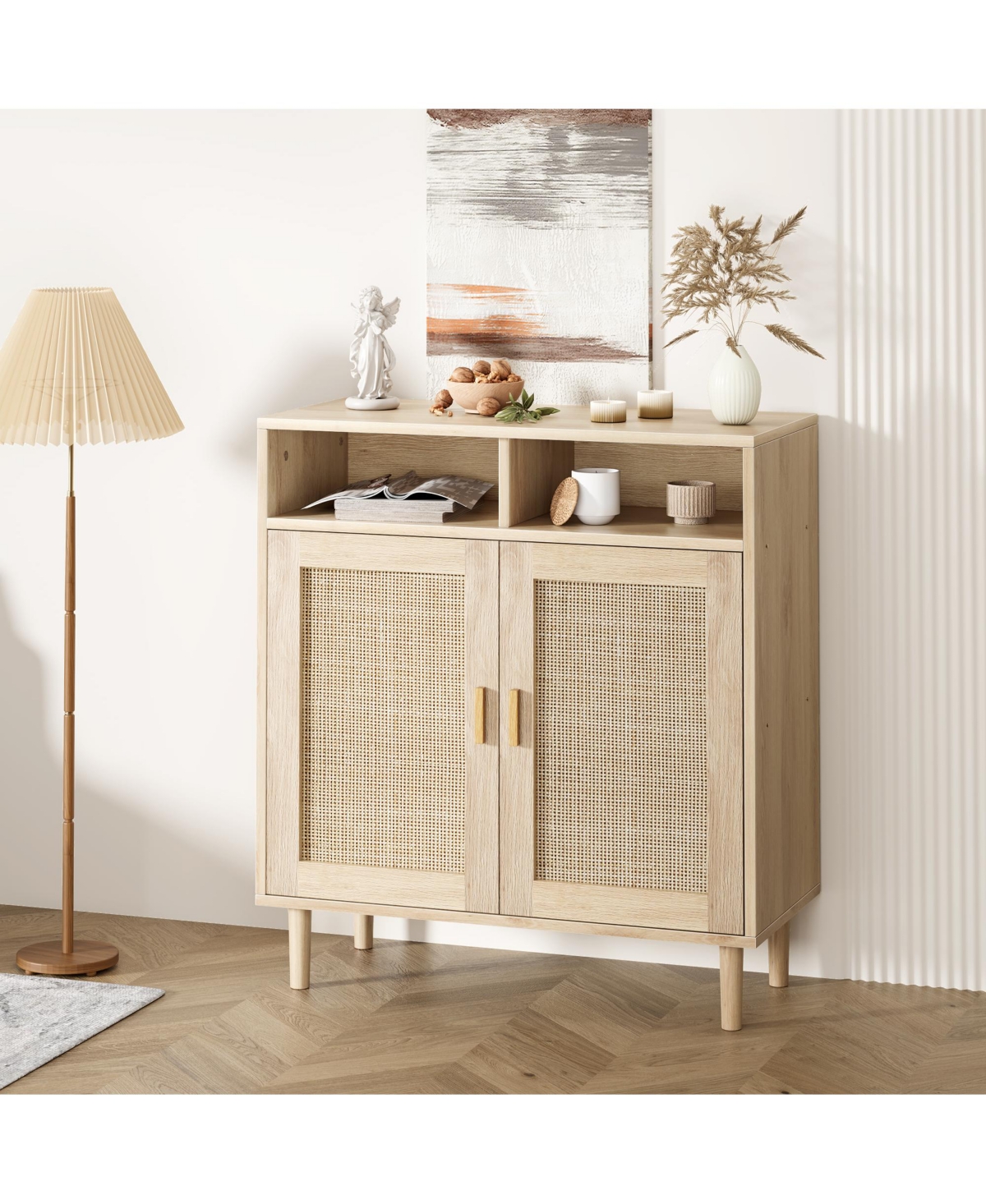 homfan Modern Rattan Buffet Cabinet,4-Door Sideboard with Adjustable Shelf, Multipurpose Storage for Kitchen, Dining, Ideal as Coffee Bar & Tv Stand