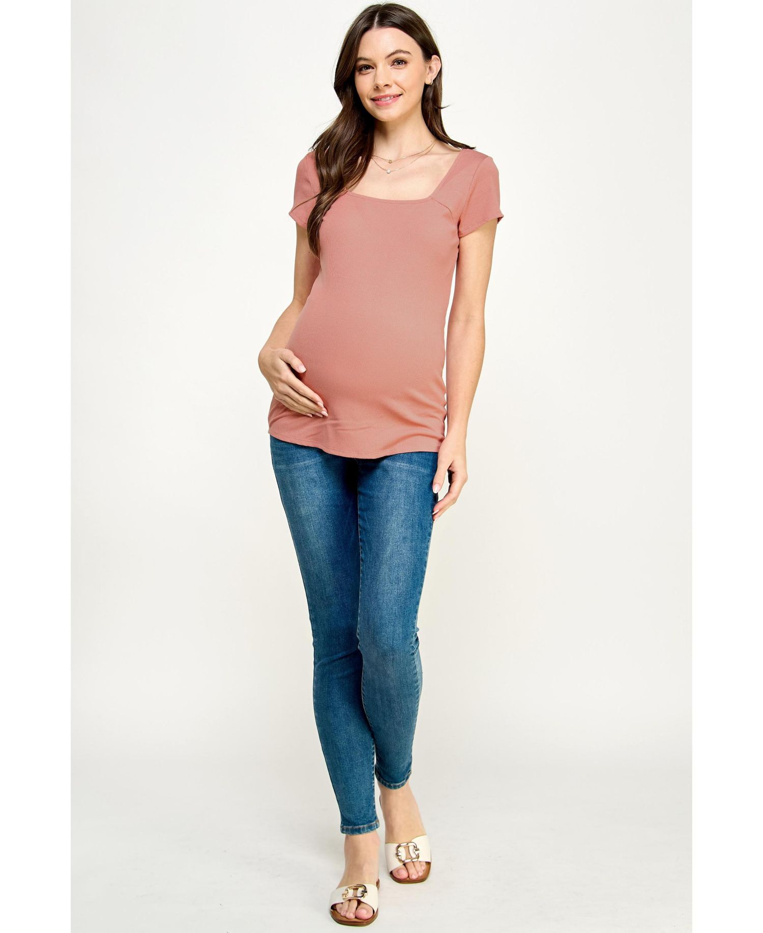Women's Maternity Ribbed Square Neck Short Sleeve Top