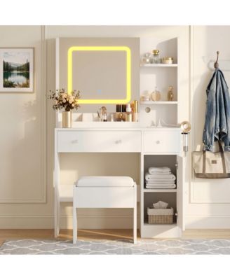 Vanity Desk with Mirror, 3 Lighting Modes, Charging Station, 3 Drawers, 3 Open Shelves and a Cabinet, Modern Set for Bedroom, Makeup Studio