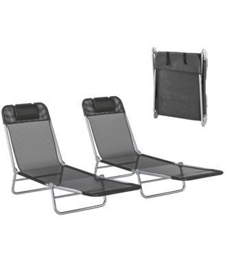 2 Piece Folding Chaise Lounge Chairs Reclining Mesh Headrest Pool Beach Patio