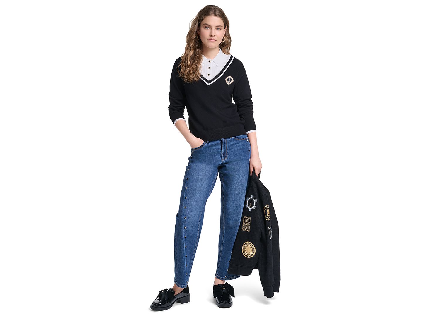 Женский свитер KARL LAGERFELD PARIS Petite Twofer Collared, цвет: Чёрный / Мягкий белый — фото 7