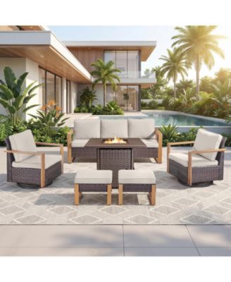 6-Piece Wicker Patio Furniture Set, Wicker Swivel Chairs, Outdoor Deep Seating Conversation Sets with Fire Pit Table and Ottomans